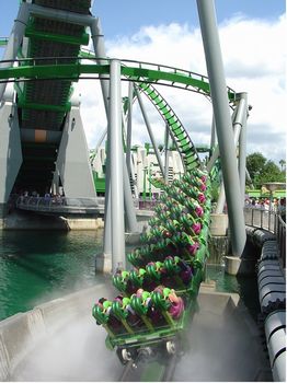 Exiting the fog tunnel on Incredible Hulk Coaster